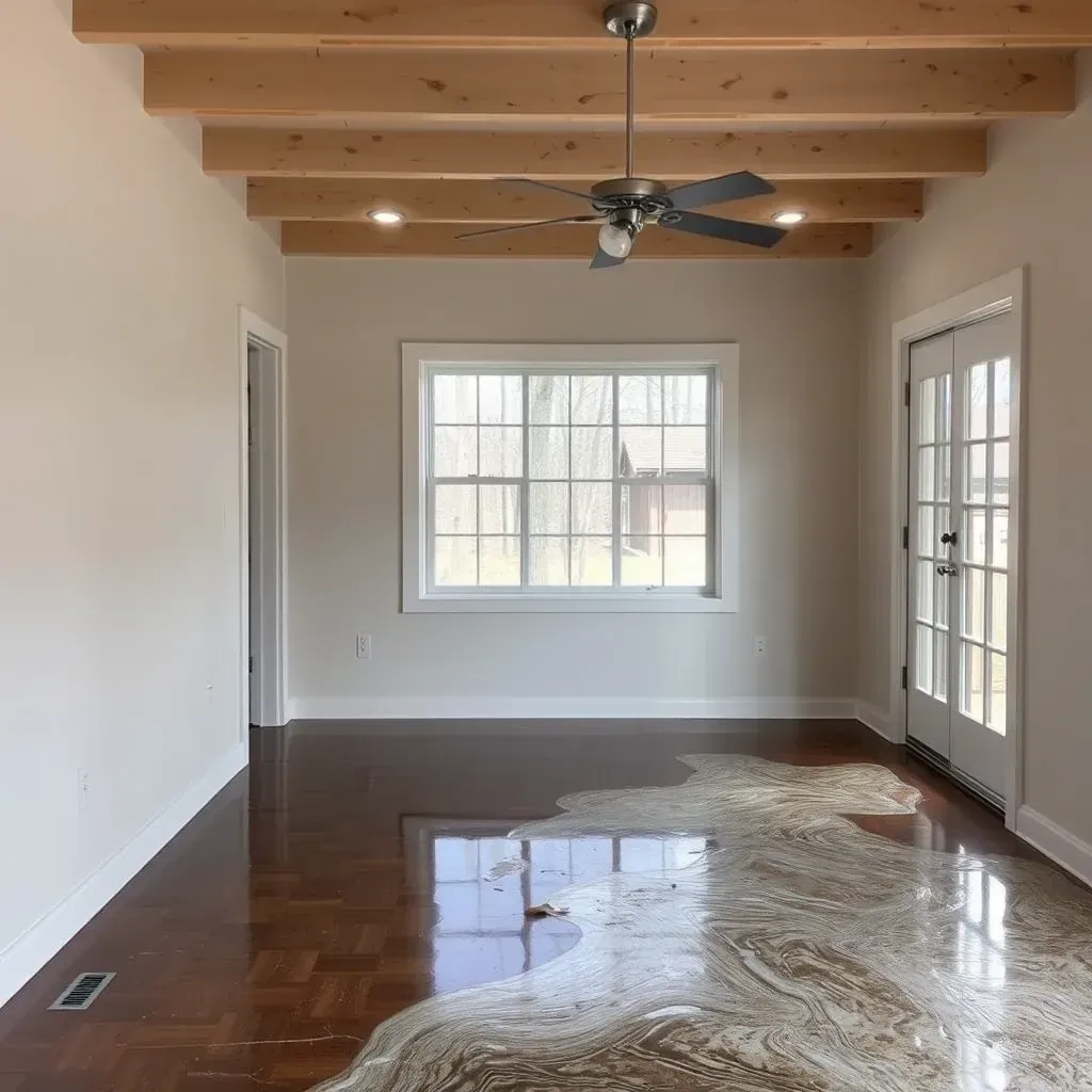 Water damage restoration scene in Four Oaks, NC: wet floors, peeling wallpaper, mold, and drying equipment in a damaged home.