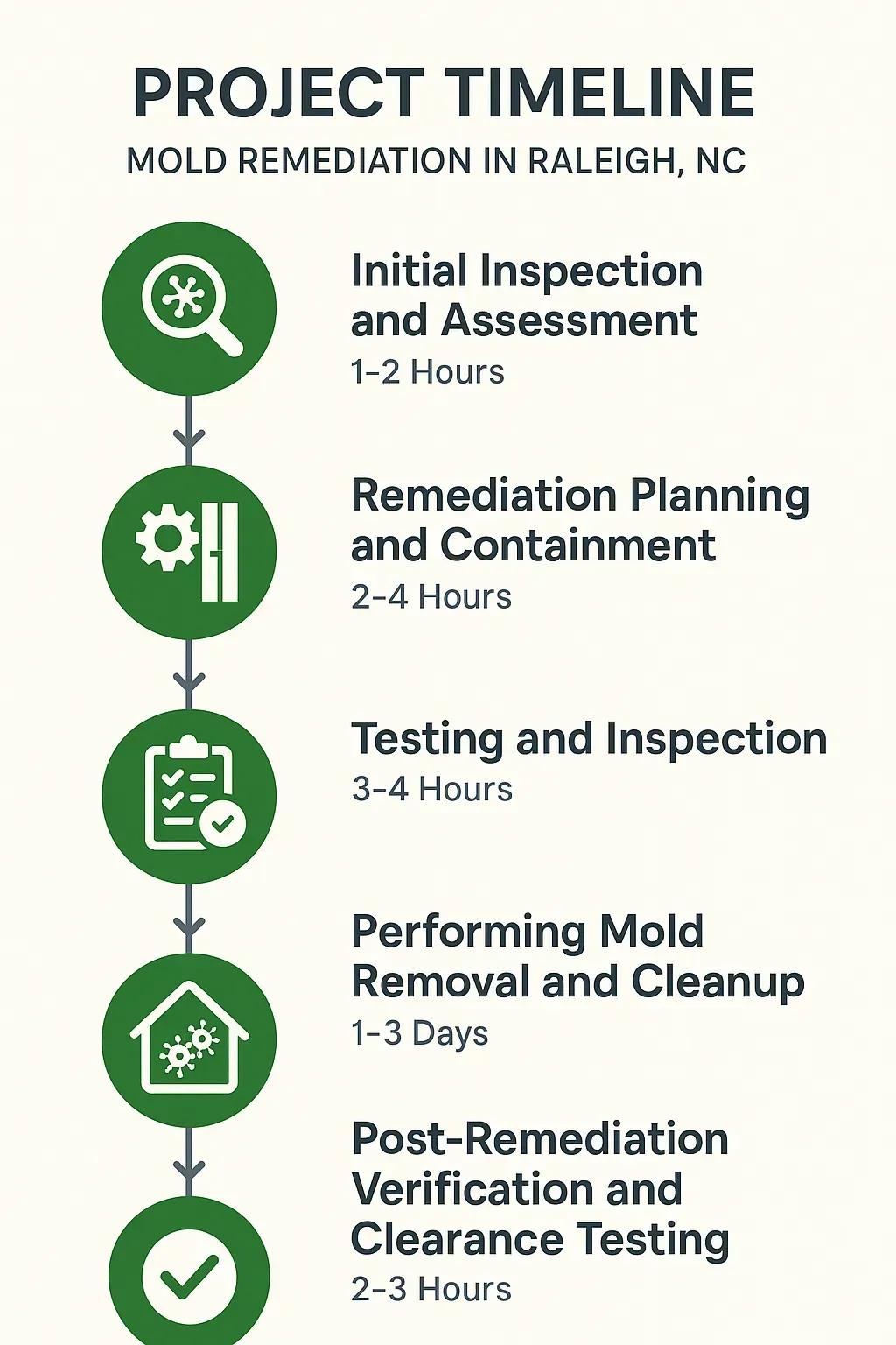 Infographic showing five-step mold remediation timeline in Raleigh, NC: inspection, planning, testing, cleanup, verification.