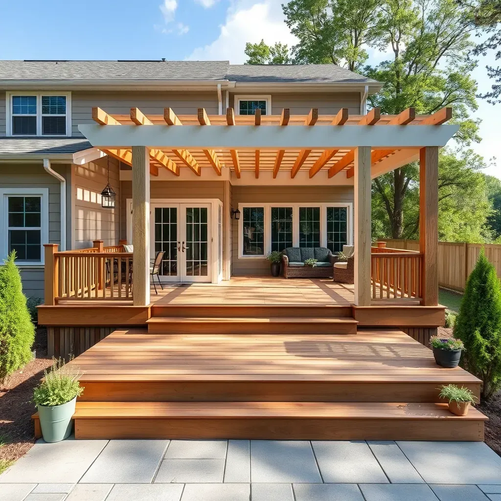 Spacious Raleigh backyard with a new cedar deck, decorative railings, lush greenery, mature trees, and clear blue sky.