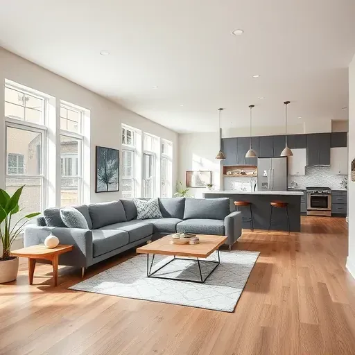 Spacious modern home interior in Hillsborough, NC featuring open living area, sleek furnishings, hardwood floors, and a stylish kitchen.