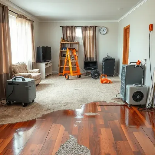Water-damaged living room in Lillington, NC with soaked carpet, warped flooring, mold, and restoration equipment.