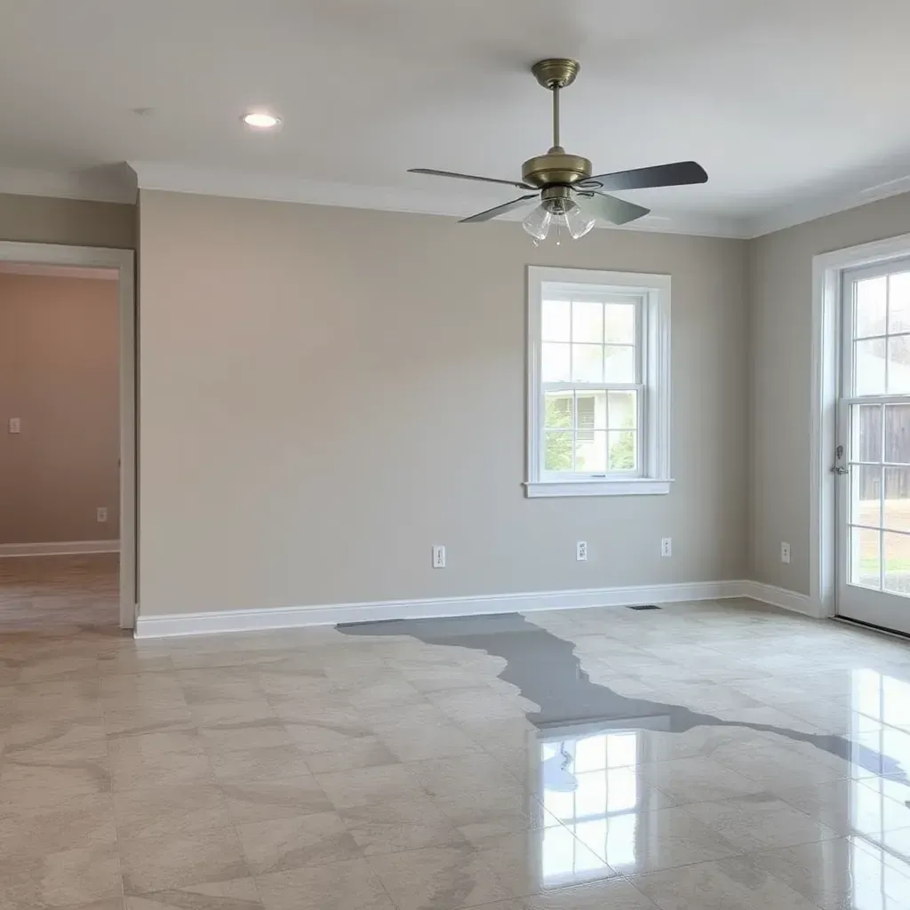 Water damage restoration scene in Zebulon, NC: water-stained ceilings, warped floors, drying equipment, mold-prone areas.