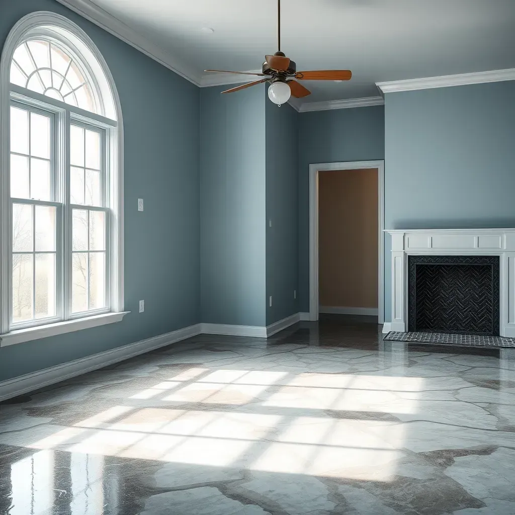 Water damage restoration scene in Louisburg, NC showing wet drywall, warped floors, fans, dehumidifiers, and soaked furniture.