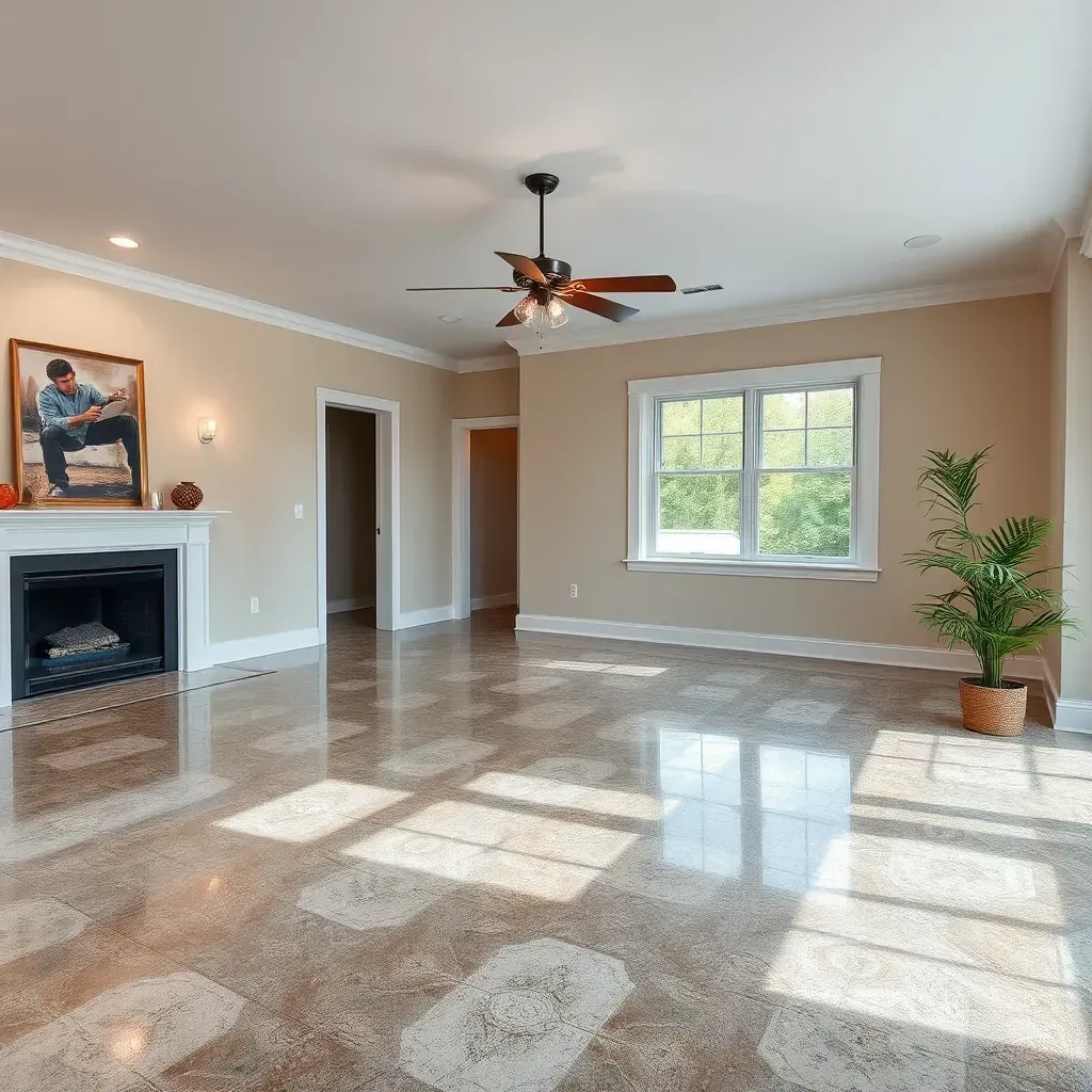 Water damage scene in Morrisville, NC with wet floors, moisture marks, and restoration equipment like dehumidifiers and fans.