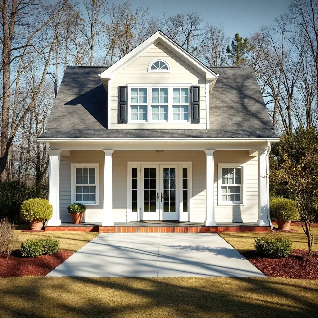 Restored Carrboro home with white siding, dark shutters, lush greenery, fall foliage, and remodeling tools in the driveway.