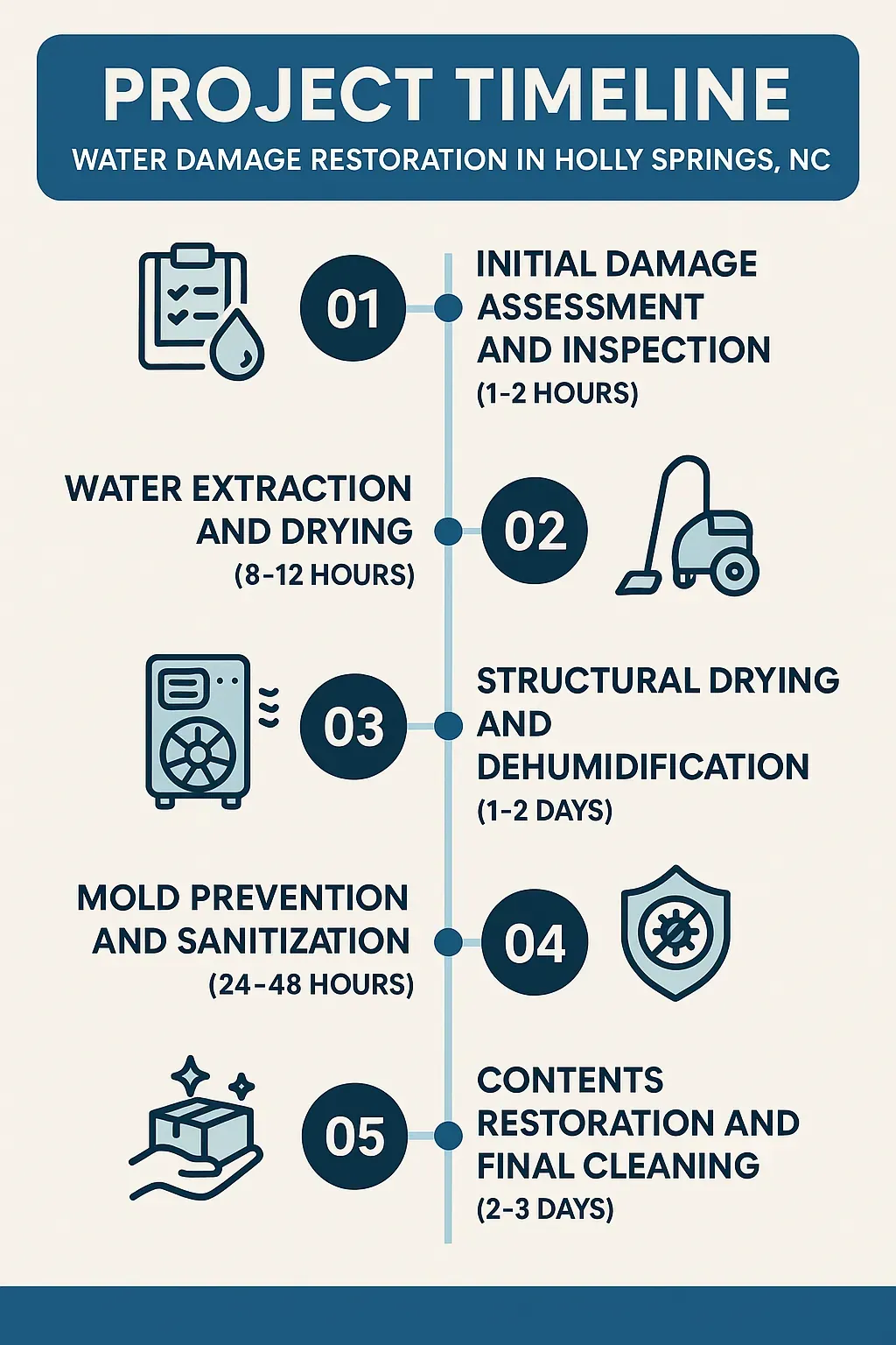 Infographic showing 5-step water damage restoration timeline in Holly Springs, NC, from assessment to final cleaning.