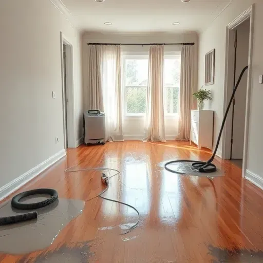 Water damage restoration scene in a Middlesex, NC home showing warped floors, peeling drywall, and drying equipment.