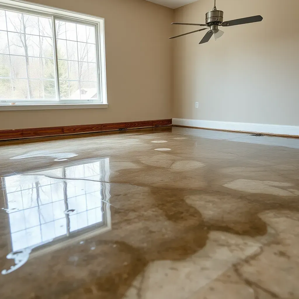 Water damage restoration scene in Benson, NC showing wet hardwood, moldy drywall, dehumidifier, fans, and cleanup tools.