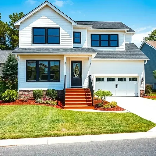 Beautiful renovated home in Four Oaks, NC with white siding, energy-efficient windows, lush landscaping, and modern porch.