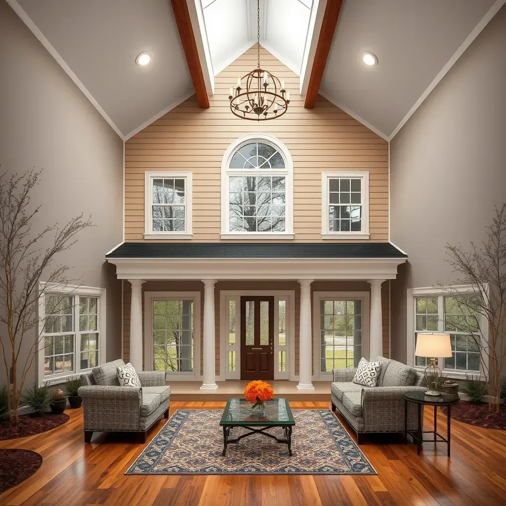 Beautiful renovated Holly Springs home with fresh siding, stone accents, large energy-efficient windows, lush landscaping, and outdoor patio.