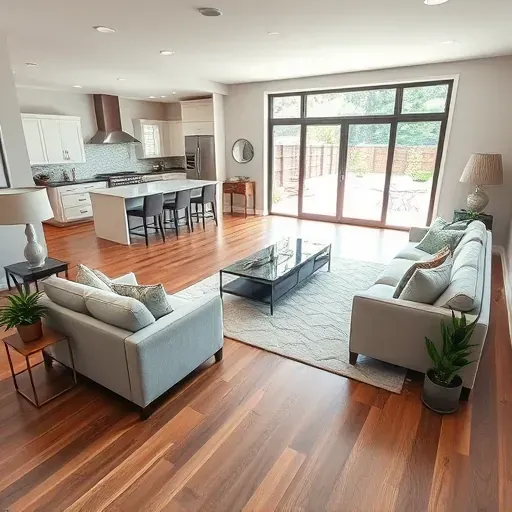 Stunning renovated Smithfield NC living room with hardwood floors, modern furniture, new kitchen, and lush backyard views.