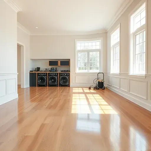 Restored living room in Butner, NC showing pristine floors, freshly painted walls, and organized water damage restoration equipment.