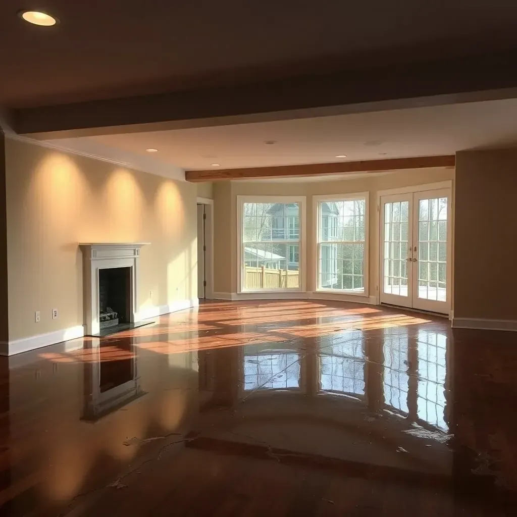 Water damage restoration in Morrisville, NC home showing wet, warped floors, drywall removal, and drying equipment in action.