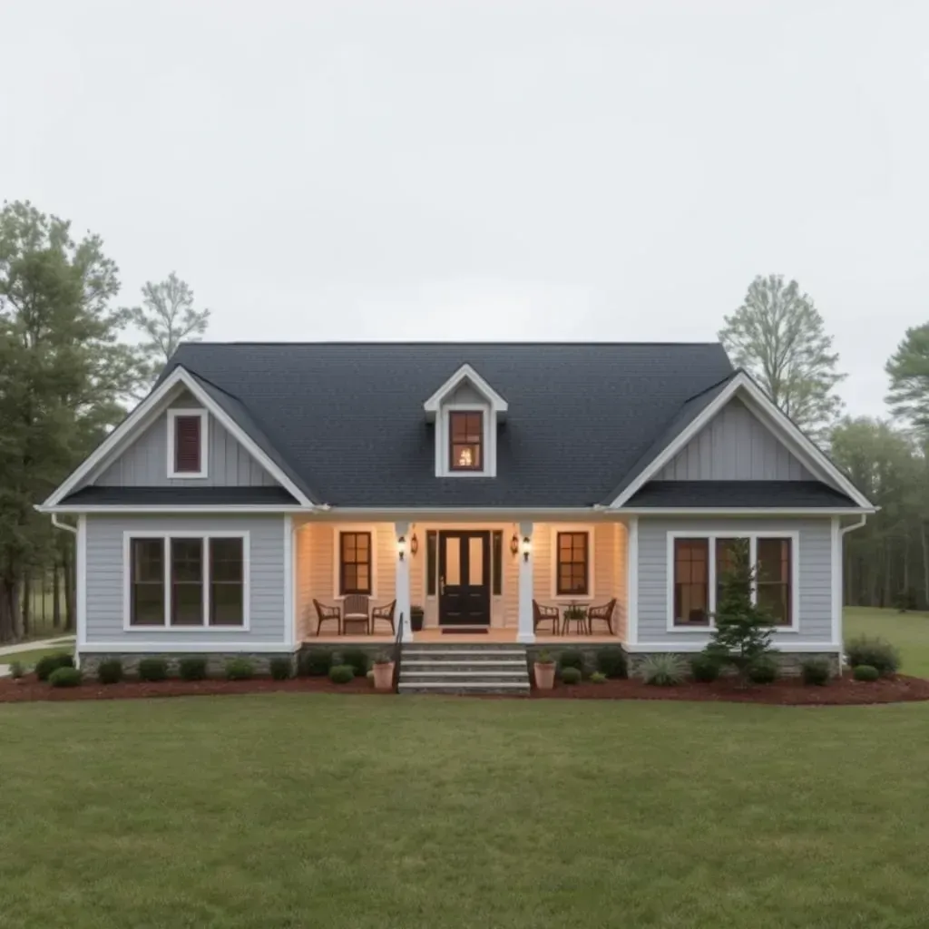 Modern home in Archer Lodge, NC, under renovation with lush landscaping, fresh paint, and visible interior remodeling.
