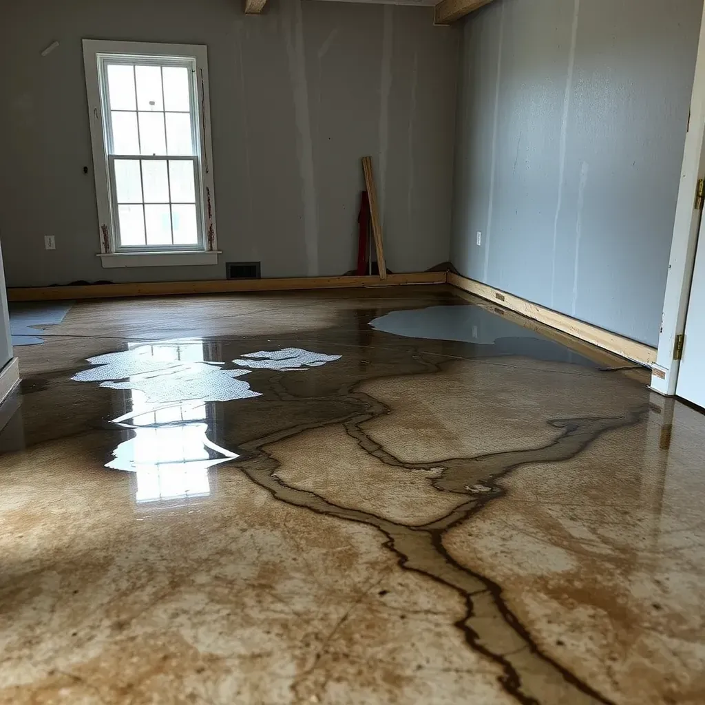 Water damage restoration in Garner, NC: flooded room with warped hardwood floors, drying equipment, and water-stained walls.