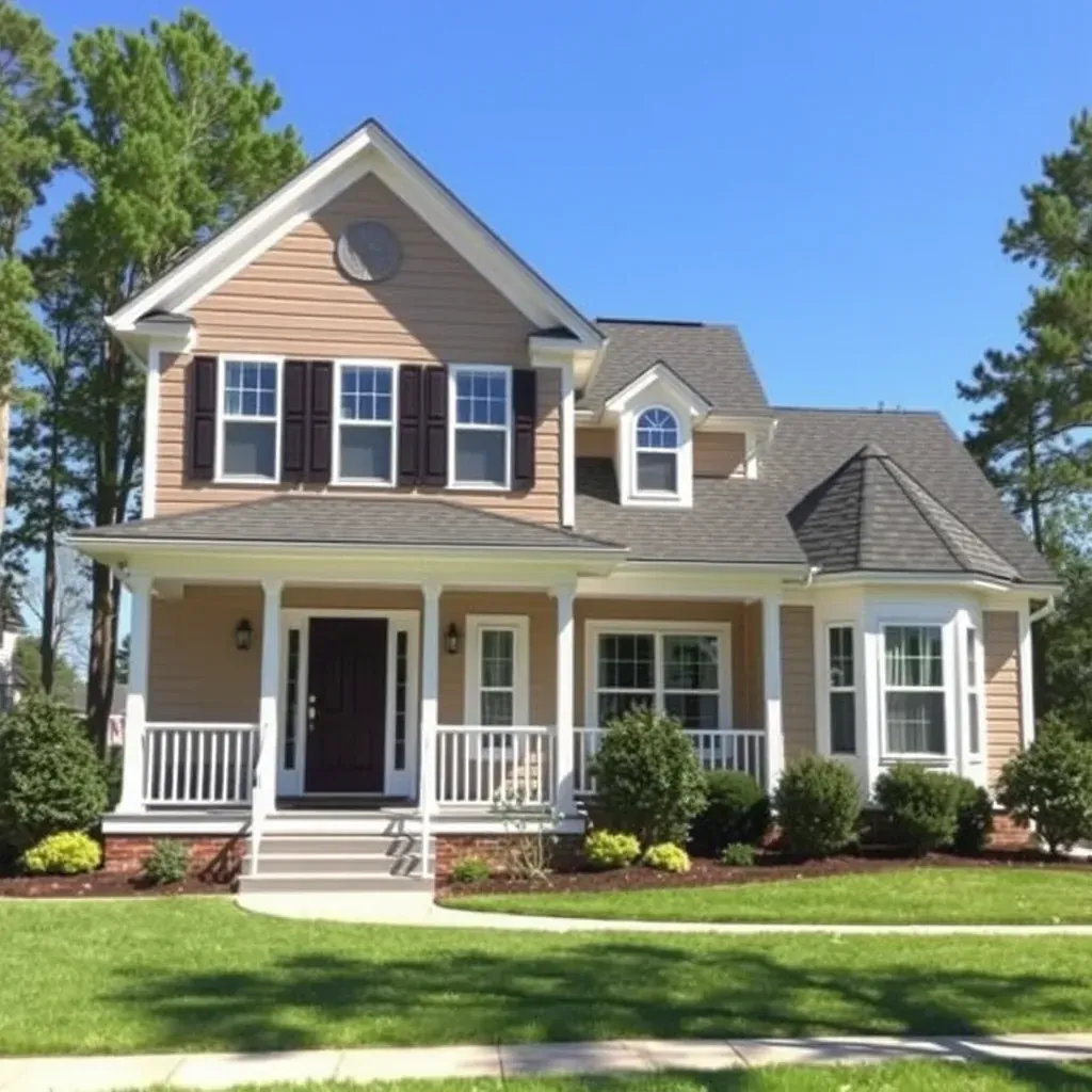 Remodeled home in Butner, NC featuring new siding, white trim, a updated porch, landscaped yard, and lush trees.