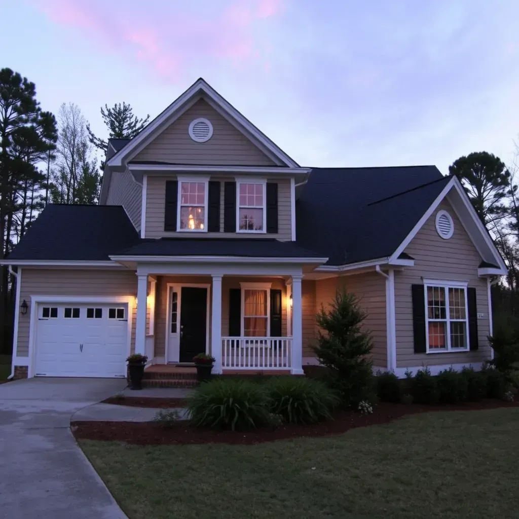 Renovated suburban home in Fuquay-Varina, NC, with fresh paint, updated siding, a new wooden porch, lush landscaping, and clear blue sky.