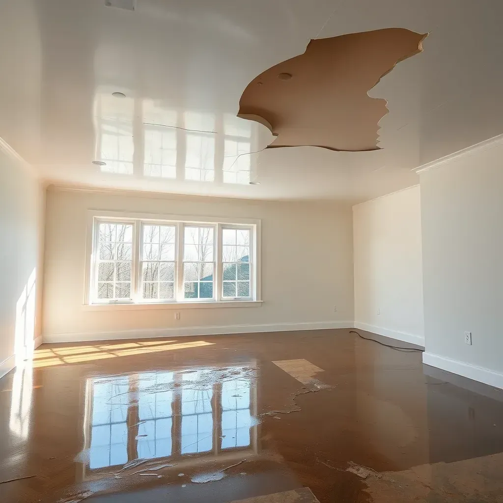 Water damage restoration scene in Creedmoor, NC showing wet drywall, warped hardwood, drying equipment, and mold signs.