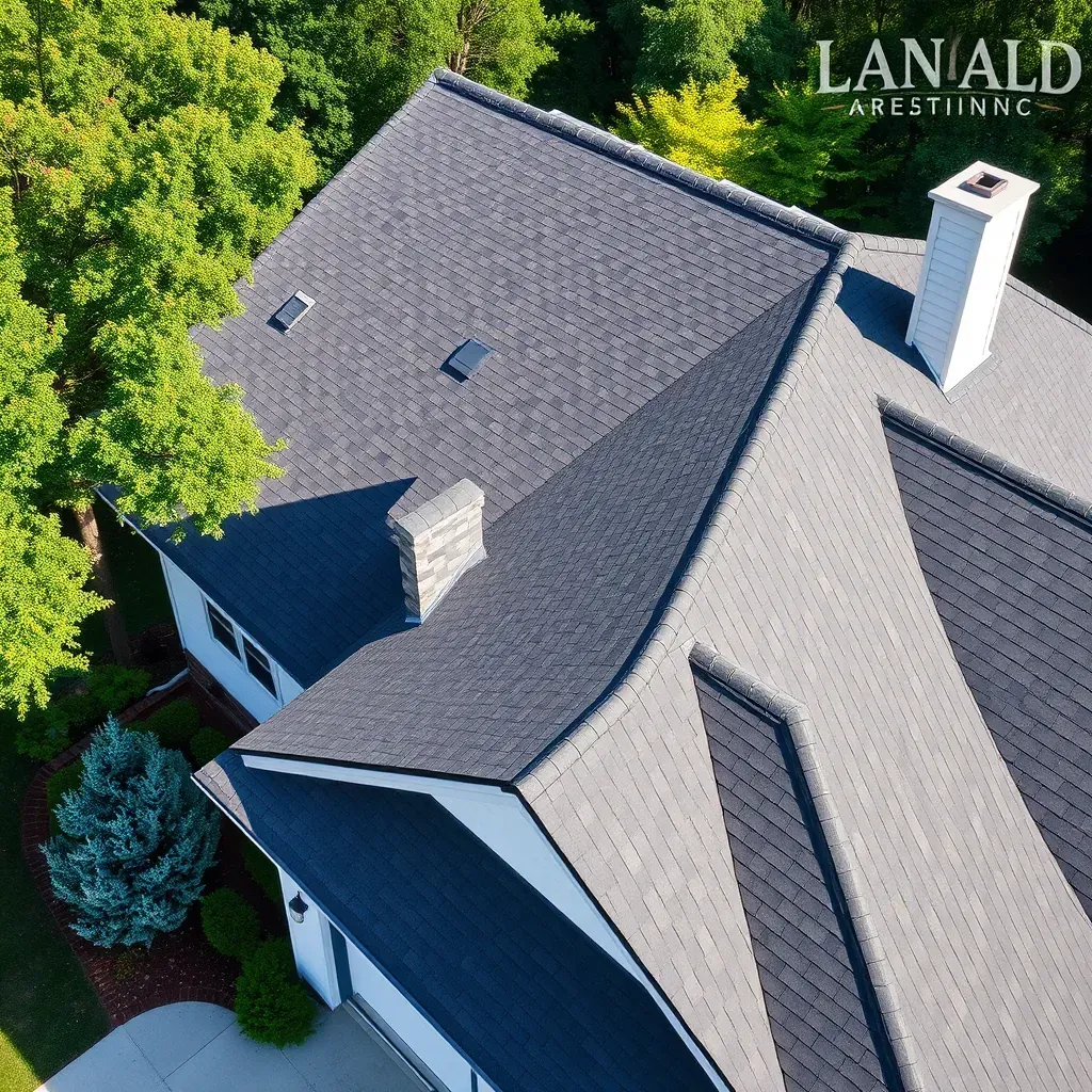 Detailed image of Raleigh, NC roofing with weathered shingles, lush trees, and city skyline in the background.