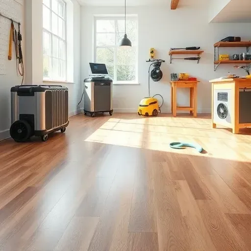 Pristine water damage restoration scene in Morrisville, NC with repaired hardwood floors, fresh walls, and professional equipment.