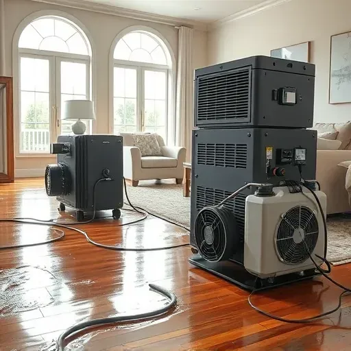 Water damage restoration scene in Franklinton, NC with drying equipment, wet floors, and waterlogged furniture.