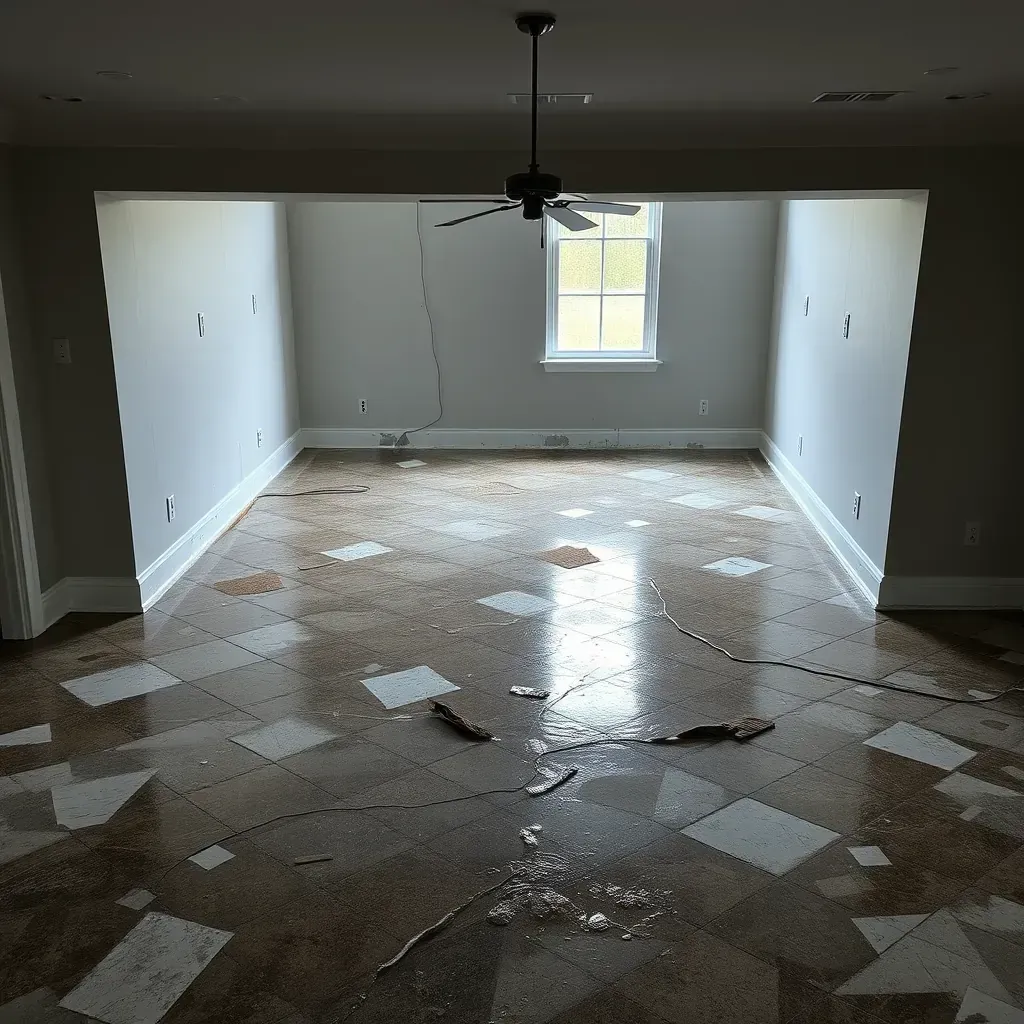Water damage restoration in Smithfield, NC: damaged wood floors, moisture meters, drying fans, water stains, and cleanup equipment.
