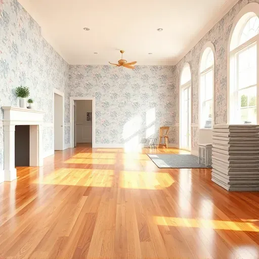 Restored Angier, NC home interior showing repaired drywall, hardwood floors, restored wallpaper, and organized workspace.