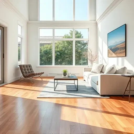 Restored living room in Apex, NC with hardwood floors, bright natural light, pristine furniture, and water damage repair equipment.