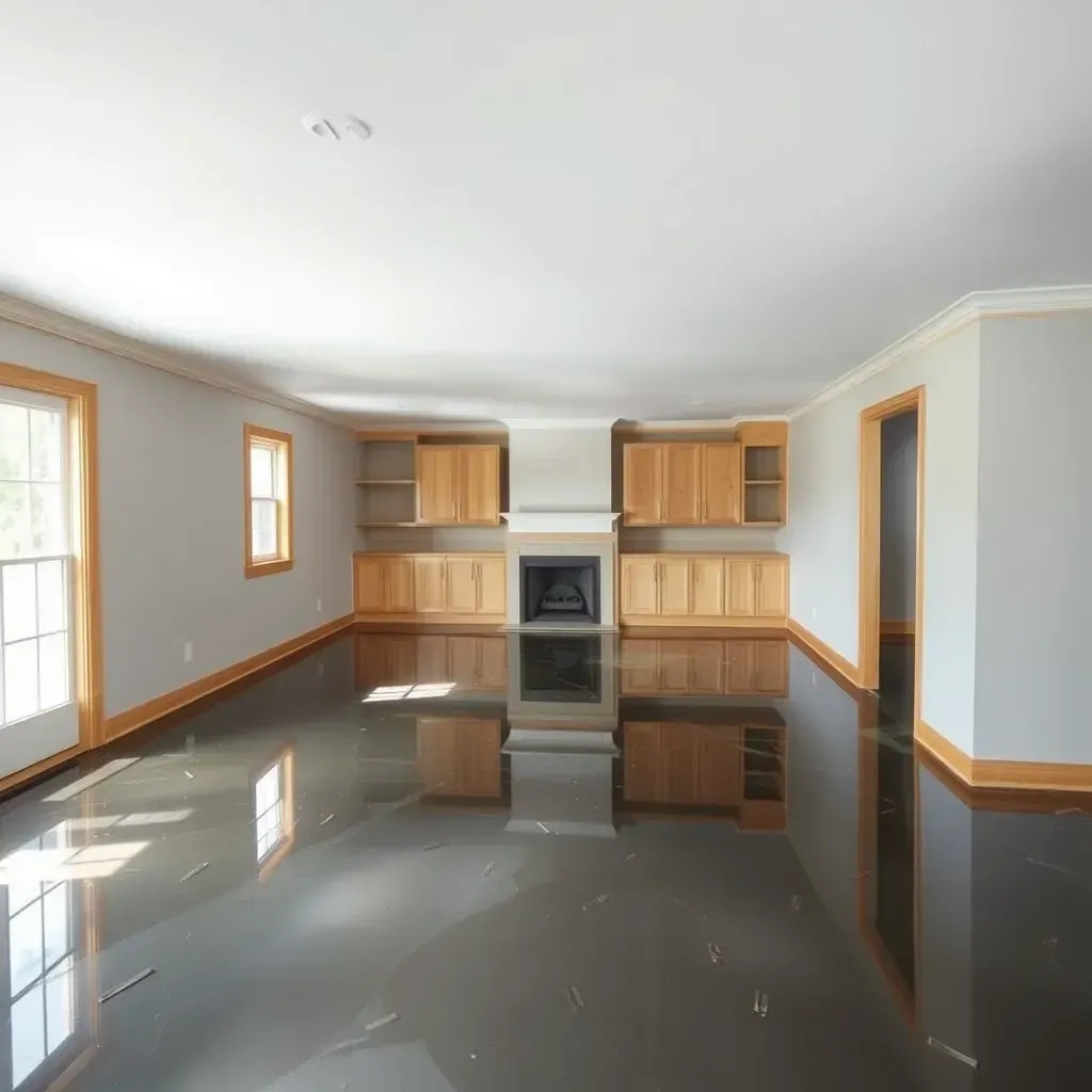 Water damage in a Coats, NC living room shows warped hardwood, water puddles, drying equipment, and peeling drywall.