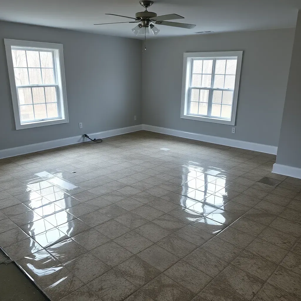 A home interior in Holly Springs, NC showing water damage repair, with drying equipment, wet drywall, and flooring.