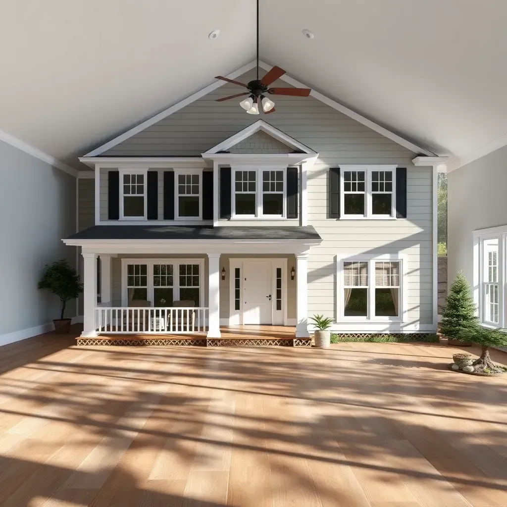 Beautiful Wake Forest home exterior with renovated porch, gray siding, stone accents, landscaped garden, and remodeled garage.