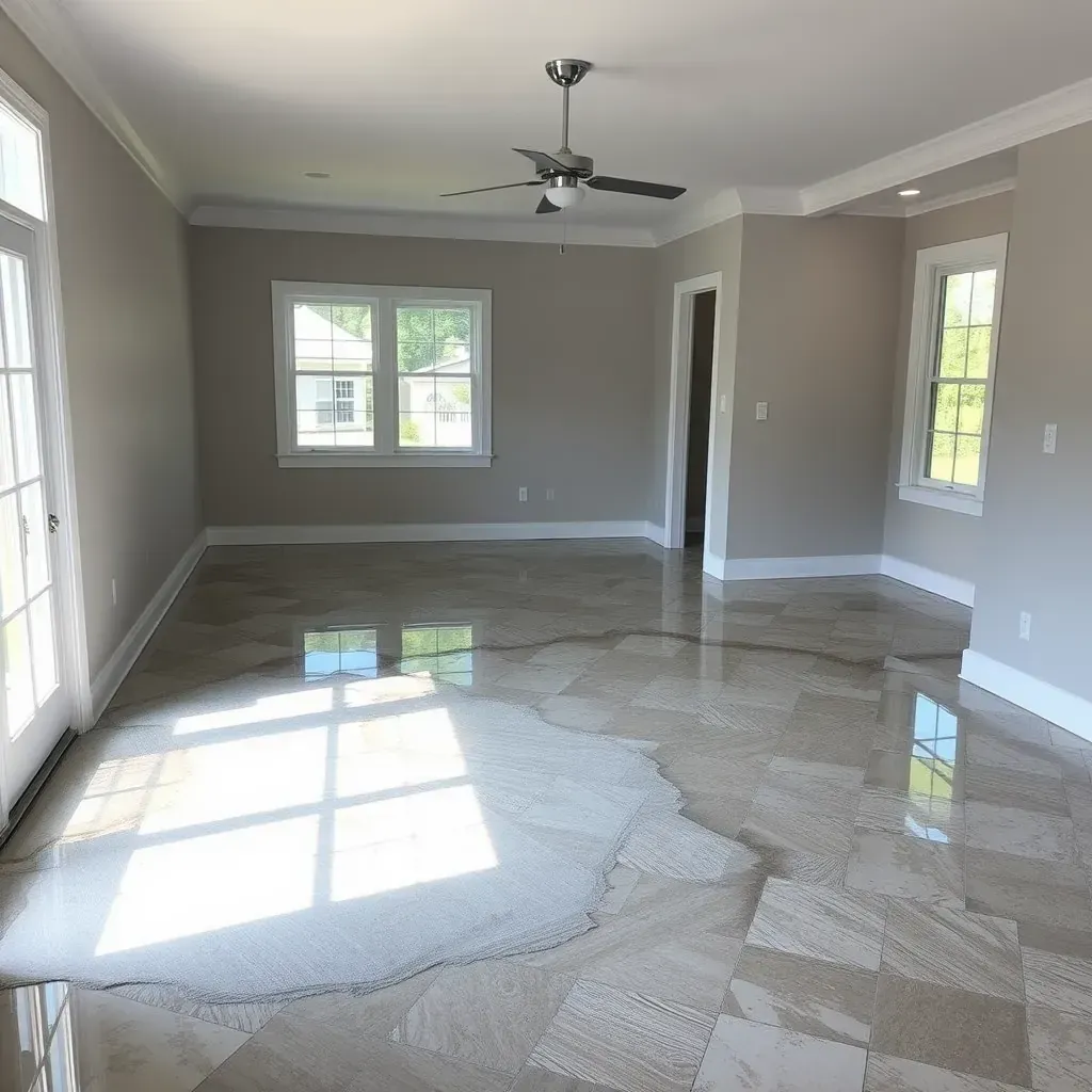 Water damage restoration in Dunn, NC: wet floors, warped wood, drying equipment, and moisture tools inside a damaged home.