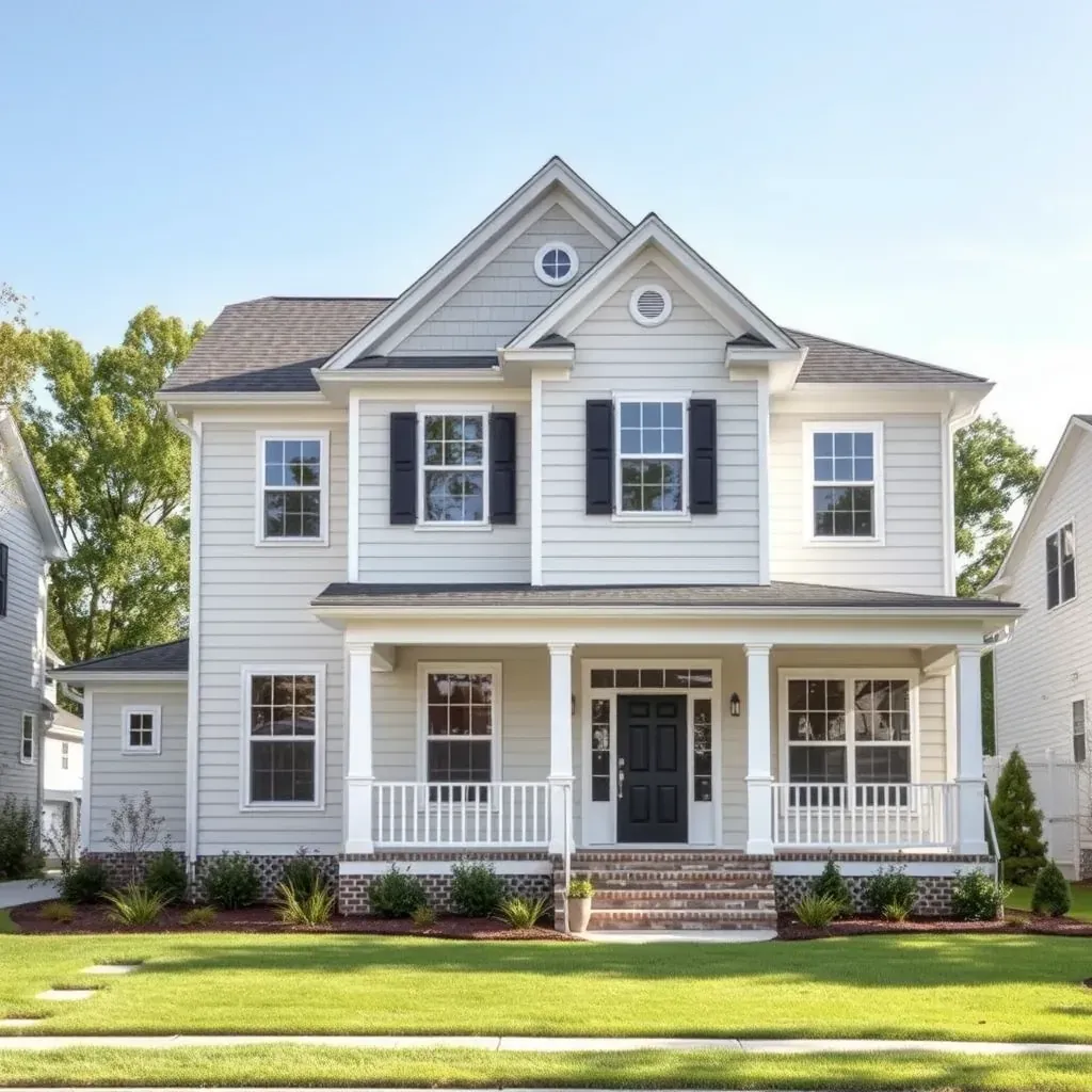 Renovated Raleigh home with new siding, windows, porch, scaffolding, tools, and lush landscaping in a sunny neighborhood.