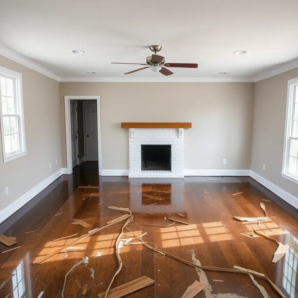 Water damage restoration in Hillsborough, NC: scene shows damaged walls, warped floors, drying equipment, and restoration professionals.