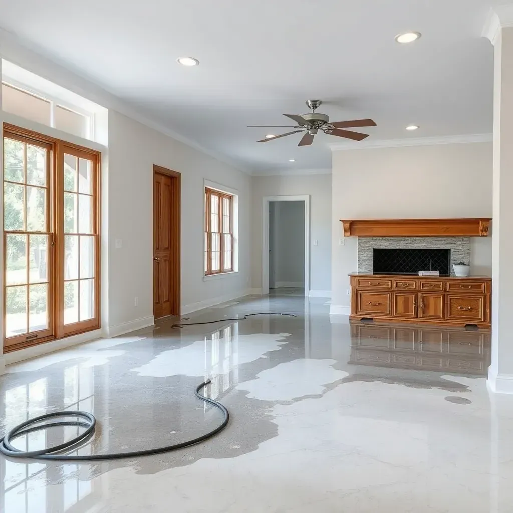 Flooded Raleigh home with damaged floors, peeling drywall, and restoration equipment like dryers and vacuums inside.
