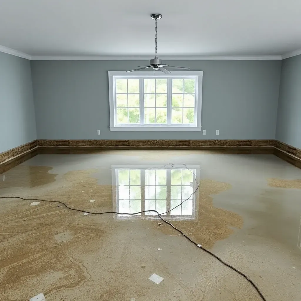 Water-damaged home interior in Four Oaks, NC, with wet flooring, stained drywall, and restoration equipment.