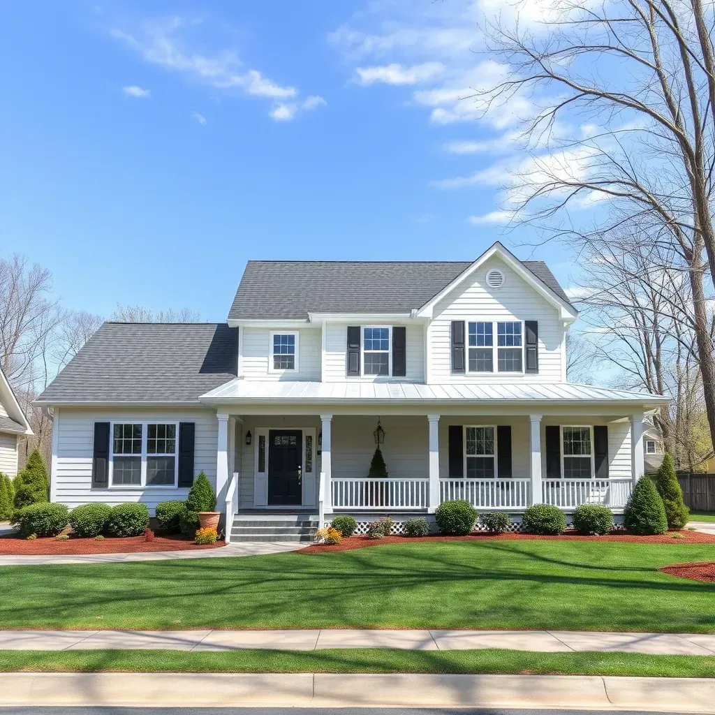 Beautifully renovated home in Rolesville, NC with fresh siding, black-framed windows, restored porch, lush lawn, and landscaped garden.