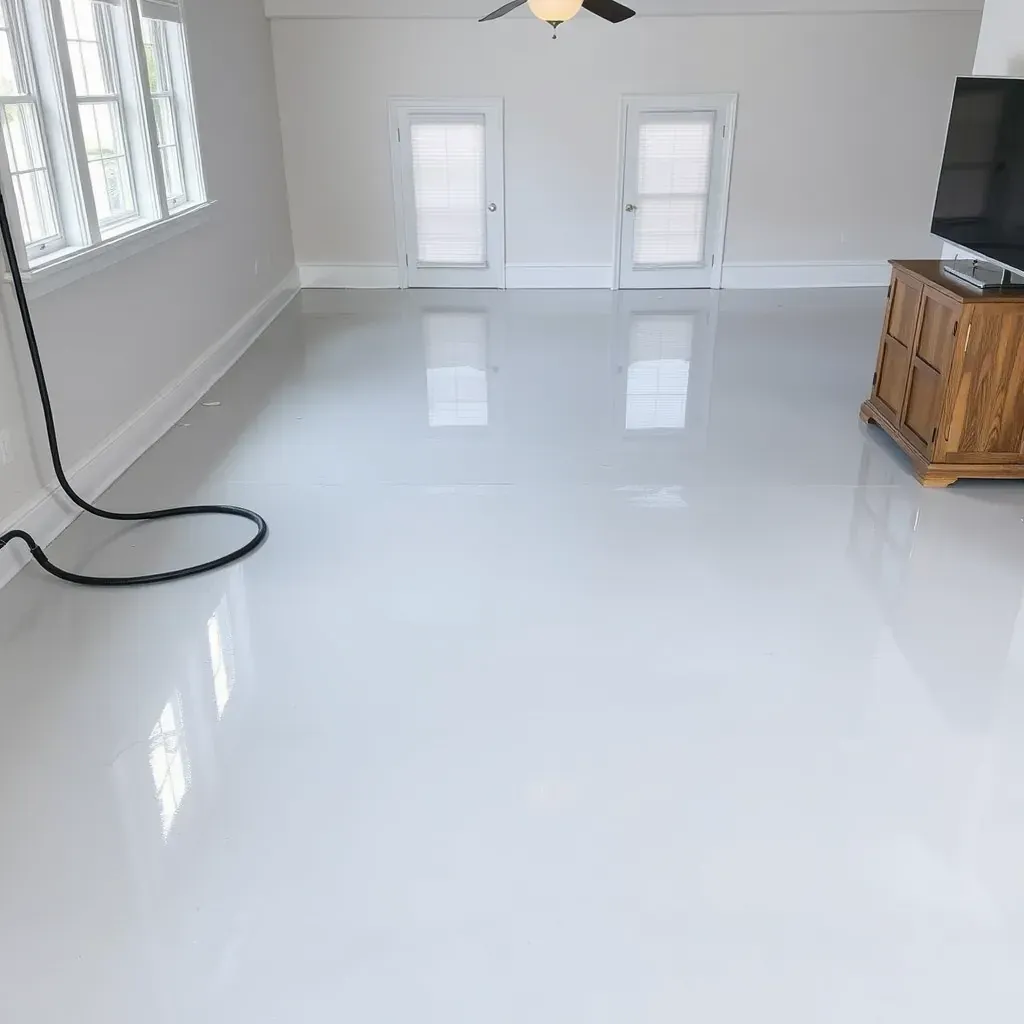 High-quality restored living room in Lillington, NC, showing repaired walls, dried beams, clean hardwood, and drying equipment.