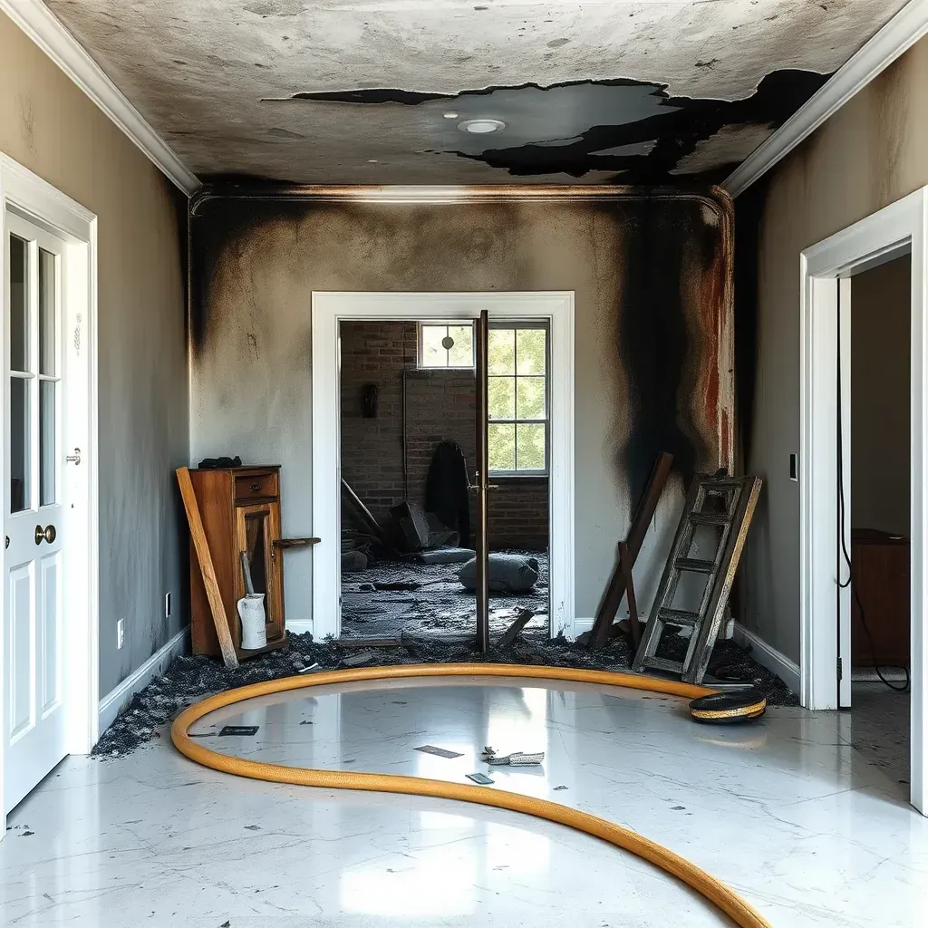 Fire-damaged Raleigh living room with charred walls, burned furniture, debris, and restoration equipment assessing smoke and water damage.