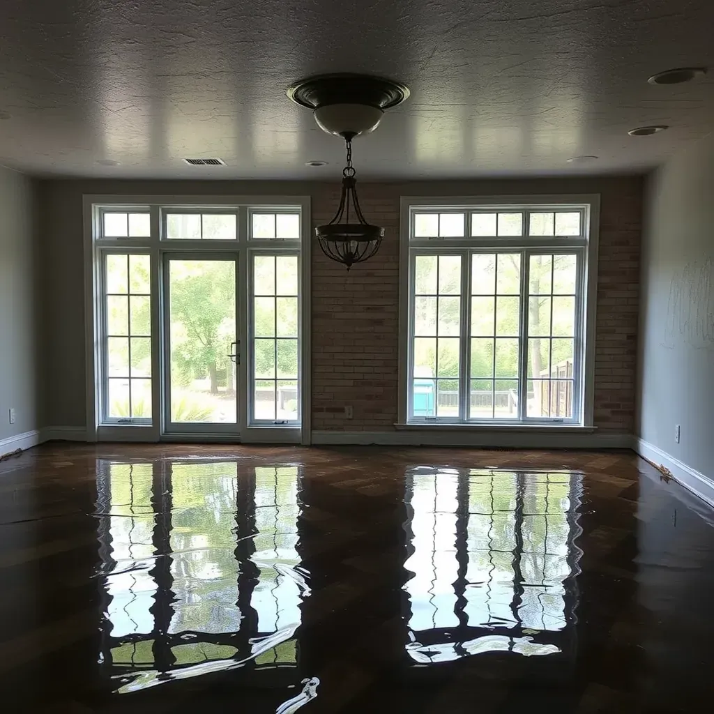 Water damage in Chapel Hill home with stained walls, water pooling, wet floors, and restoration equipment in use.