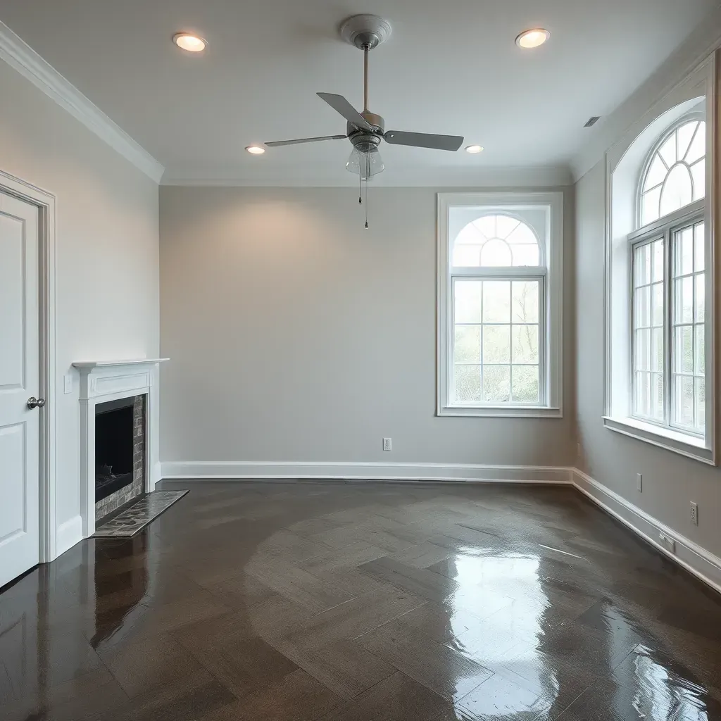 Water damage restoration scene in Durham, NC showing wet drywall, peeling paint, drying equipment, and mold in a residential space.