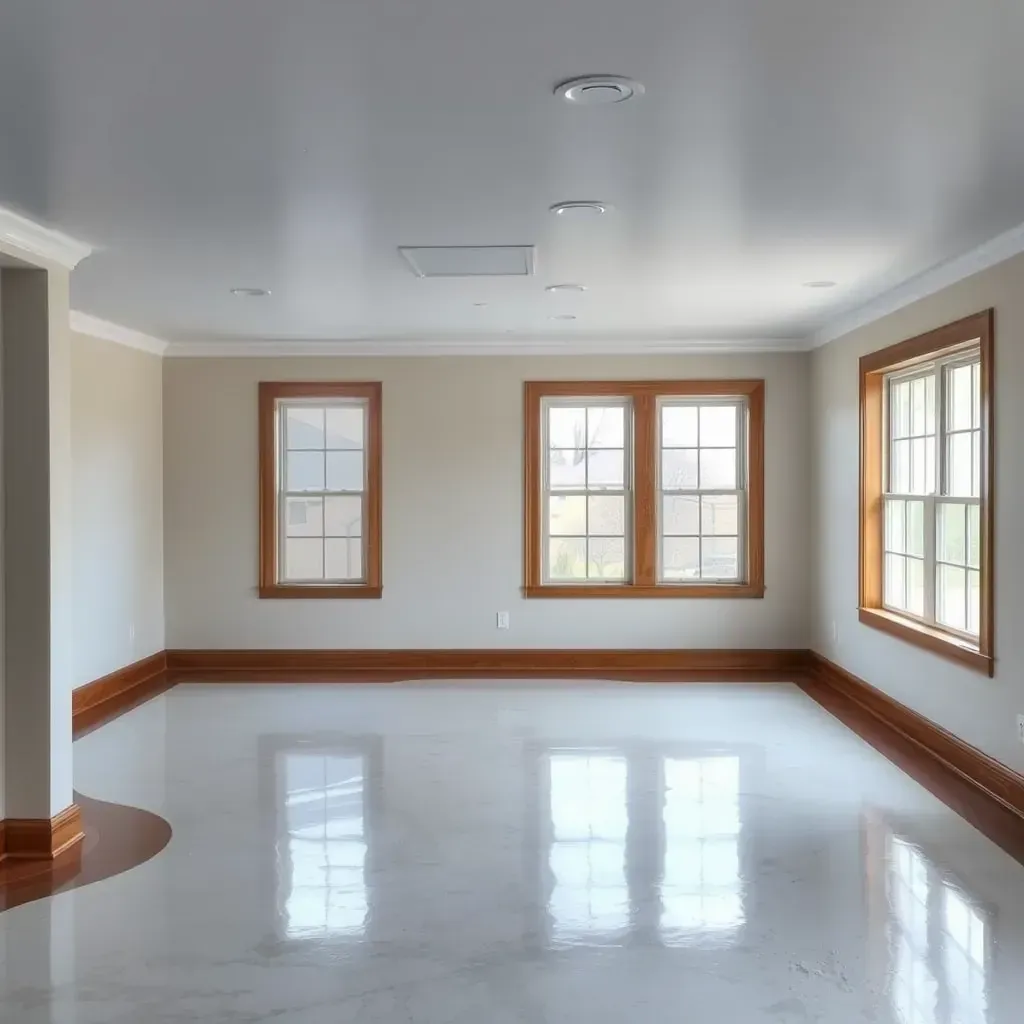 Close-up of a water-damaged Garner, NC interior showing swollen drywall, water stains, pooling water, and restoration tools like fans.