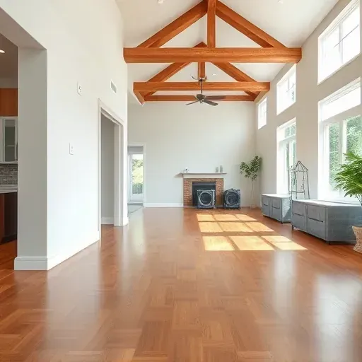 Bright restored living room with hardwood floors, repaired walls, and exposed beams, highlighting water damage restoration in Morrisville.