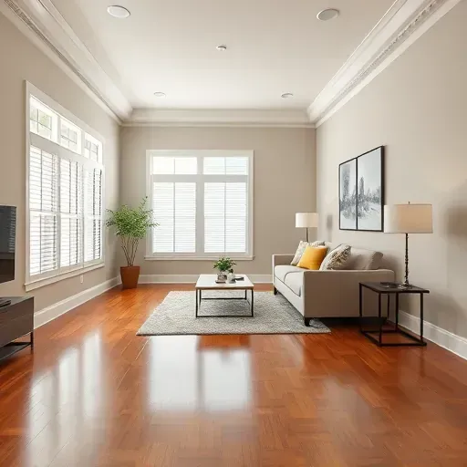 Restored Franklinton NC living room with hardwood floors, neutral walls, crown molding, and natural sunlight.