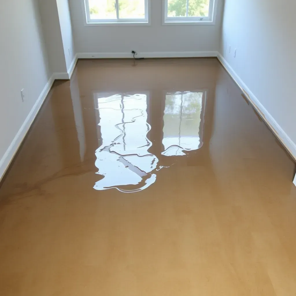 Water damage restoration scene in Carrboro, NC featuring wet floors, moisture meters, drying equipment, and mold cleanup.