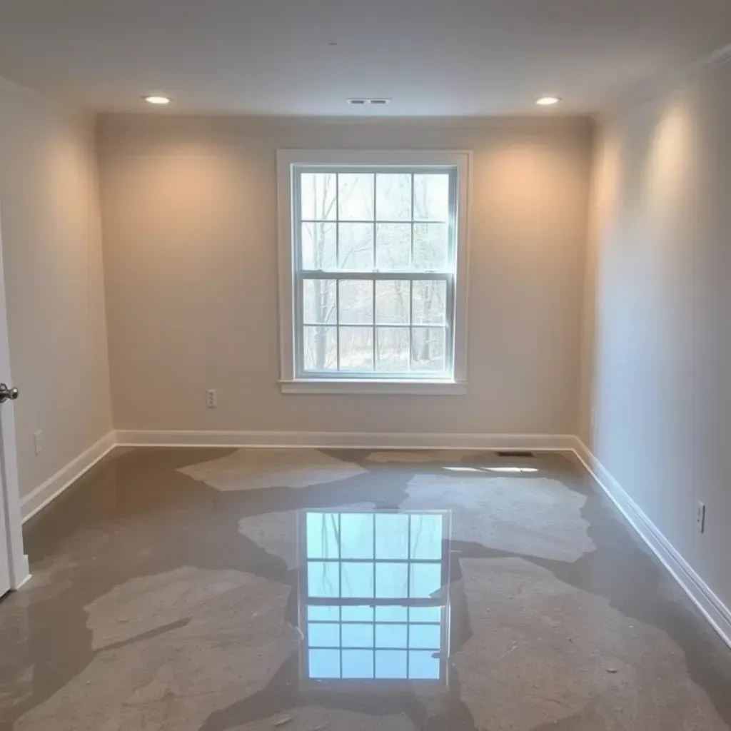 Water-damaged Pittsboro, NC home interior with wet hardwood, peeling walls, and restoration equipment like fans and dehumidifiers.