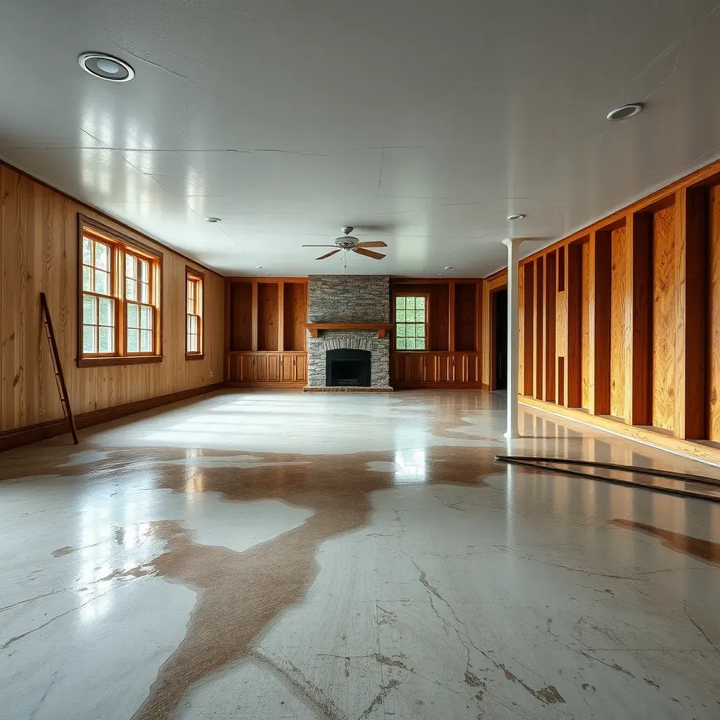 Water damage repair in Garner, NC: warped floors, wet carpets, fans, dehumidifiers, plastic barriers, and professional restoration setup.