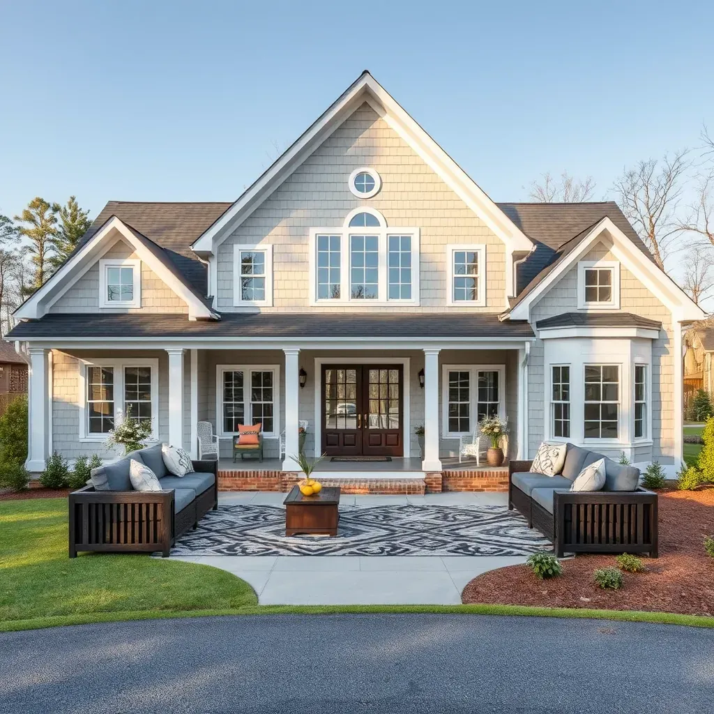 Beautifully renovated modern farmhouse home in Archer Lodge, NC with fresh paint, new roof, stylish porch, and lush landscaping.