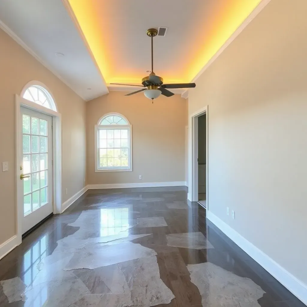Empty room with water on floors, damp walls, water extraction tools, dehumidifiers, and restoration supplies in Dunn, NC.