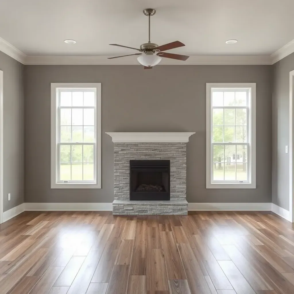 Renovated Mebane, NC home with fresh beige paint, white trim, a new porch, lush landscaping, and modern details.